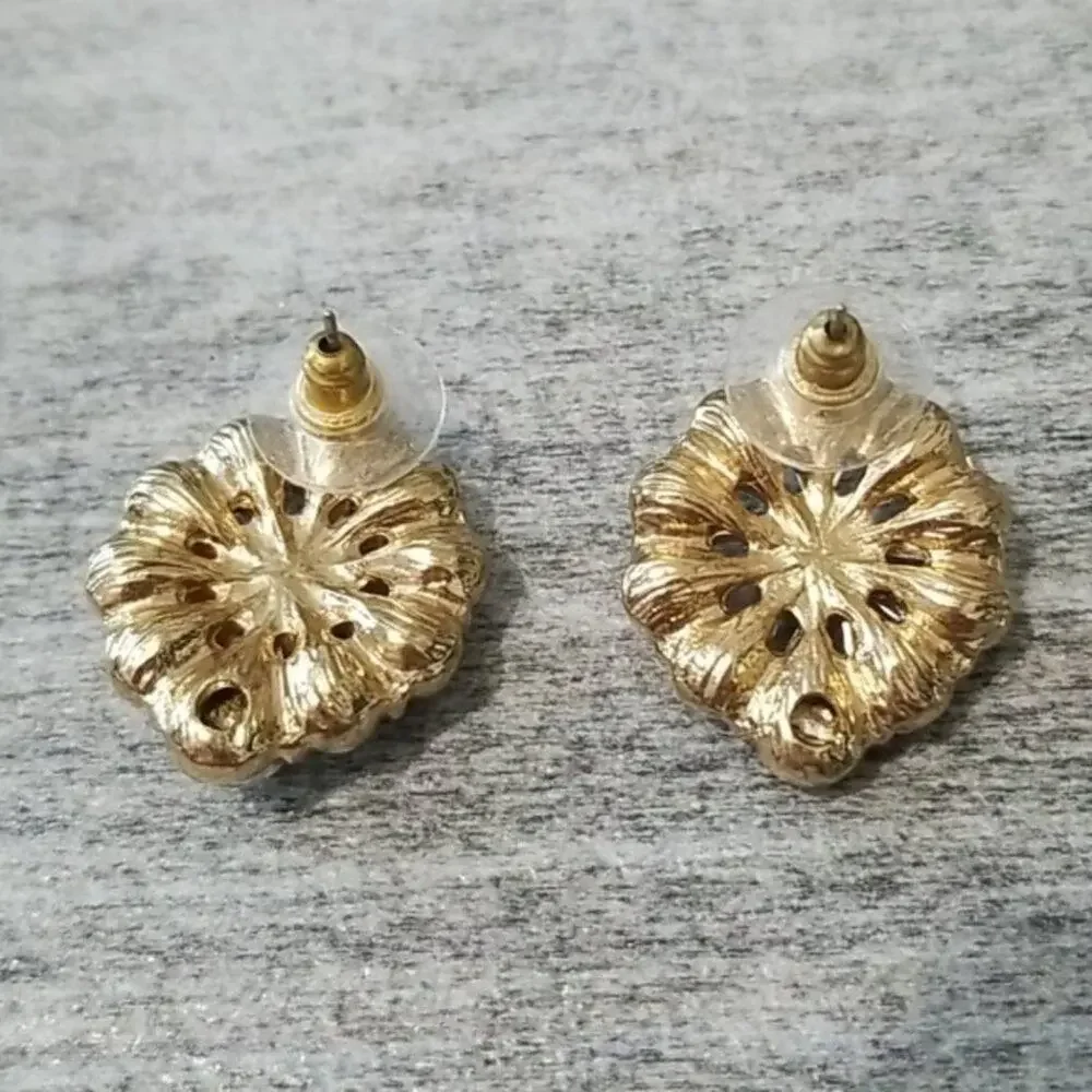 Crystal & Stone Floral Gold Tone Post Earrings NEW